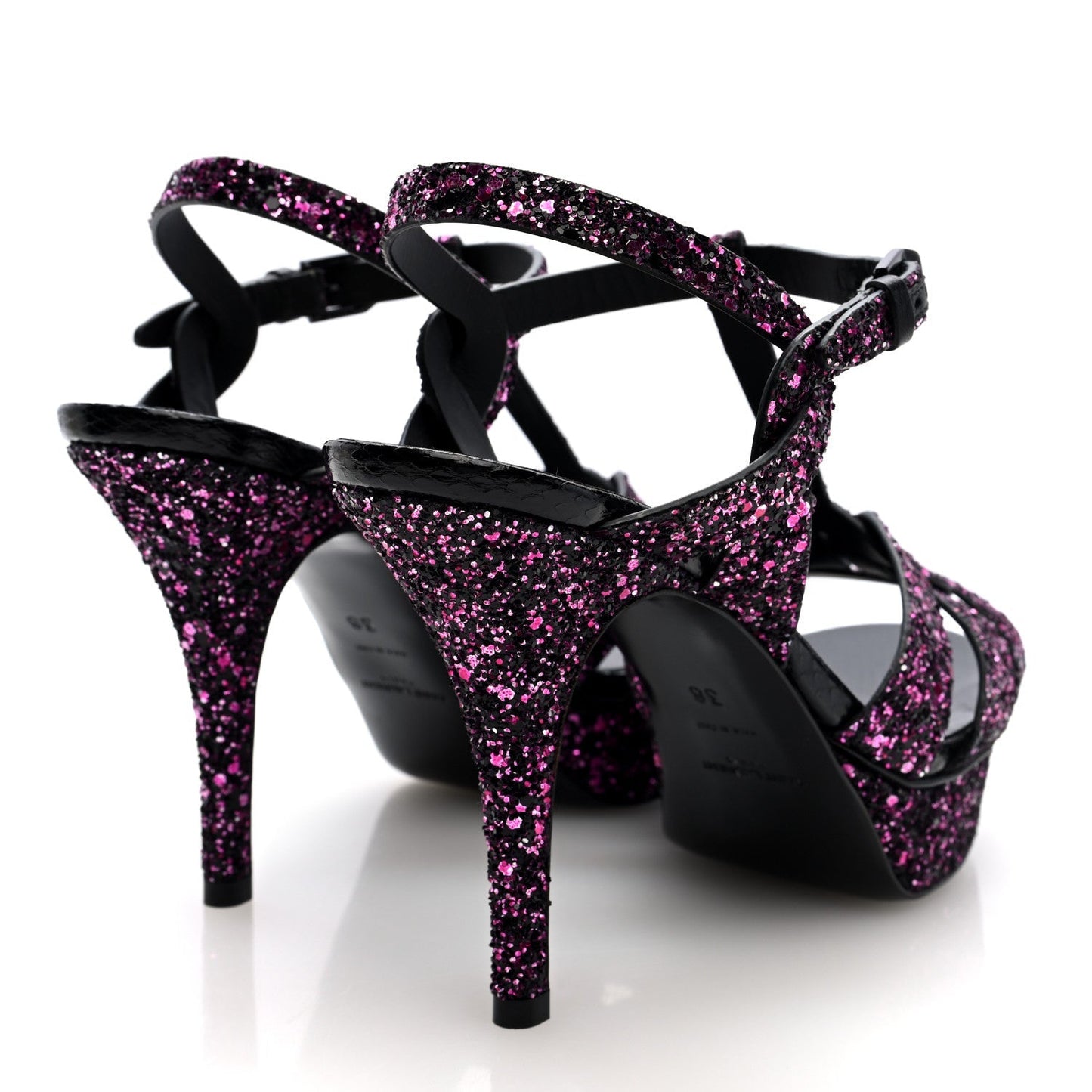 Saint Laurent Glitter Calfskin Ayers Tribute 75 Platform Sandals 38 Black Fuchsia
