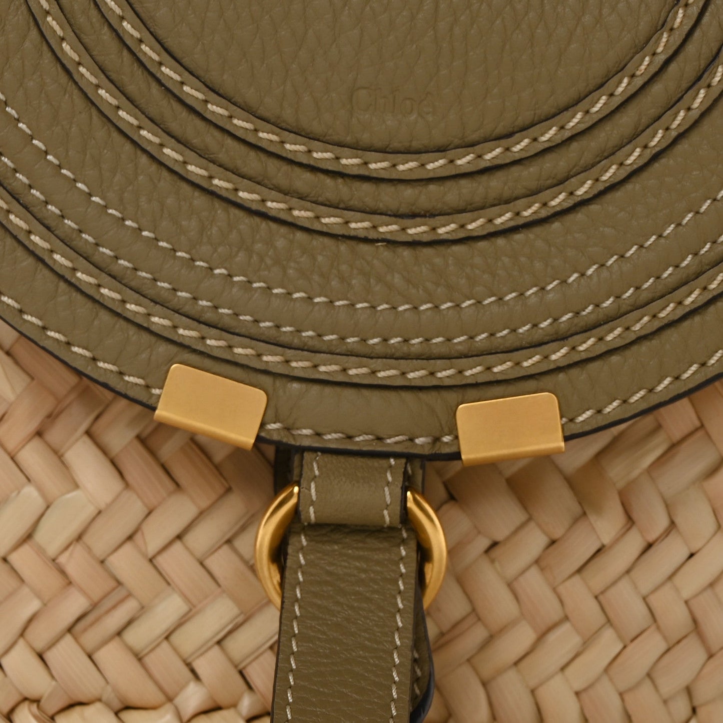 Chloe Raffia Small Grain Calfskin Small Marcie Basket Shoulder Bag Pottery Green
