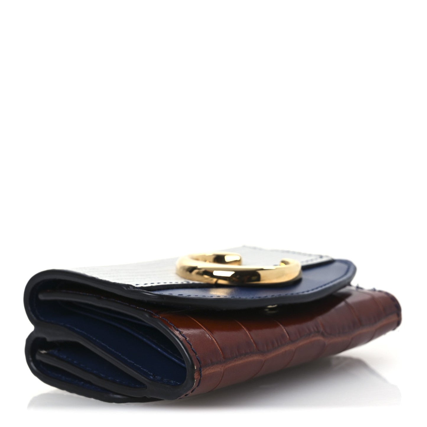 Chloe Lizard Crocodile Embossed Shiny Calfskin Small C Tri-Fold Wallet Chestnut Brown Blue Chestnut Brown Blue
