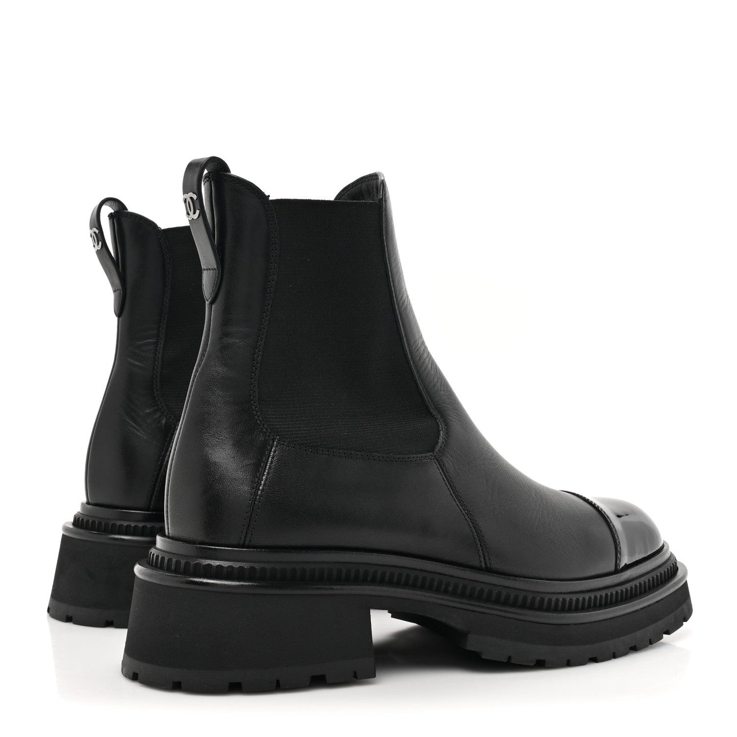 Chanel Calfskin Patent Cap Toe Ankle Boots 37.5 Black