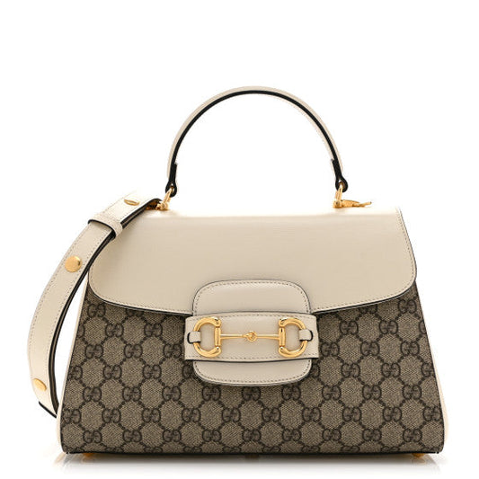 Gucci GG Supreme Monogram Calfskin Medium Horsebit 1955 Top Handle Bag Beige Ebony Mystic White