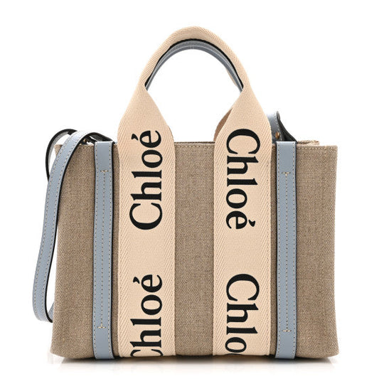 Chloe Cotton Calfskin Small Woody Ribbon Tote With Strap Light Blue