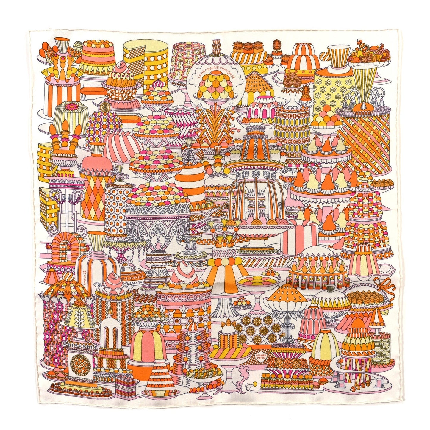 Hermes Silk La Patisserie Francaise Scarf 45 White Orange Jaune