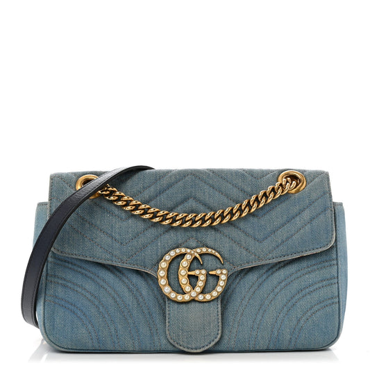 Gucci Denim Matelasse Small Pearly GG Marmont Shoulder Bag Blue