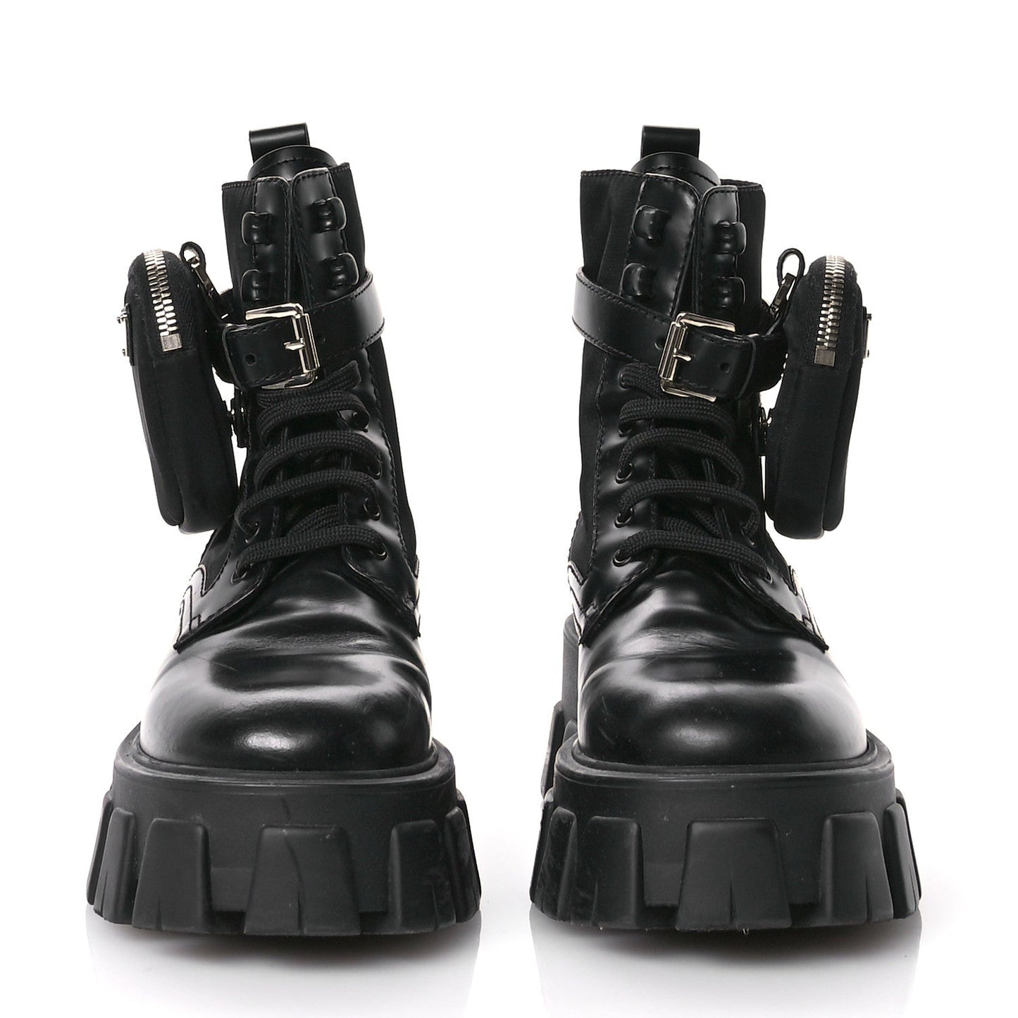 Prada Spazzolato Rois Re-Nylon Metal Triangle Logo Monolith Pouch Pocket 55mm Boots 35.5 Black