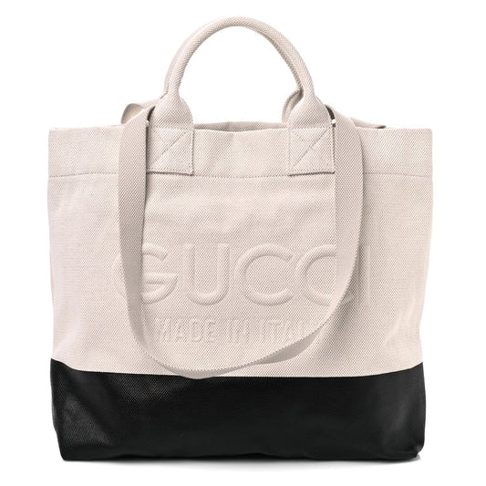 Gucci Canvas Logo Embossed Black Tote Beige