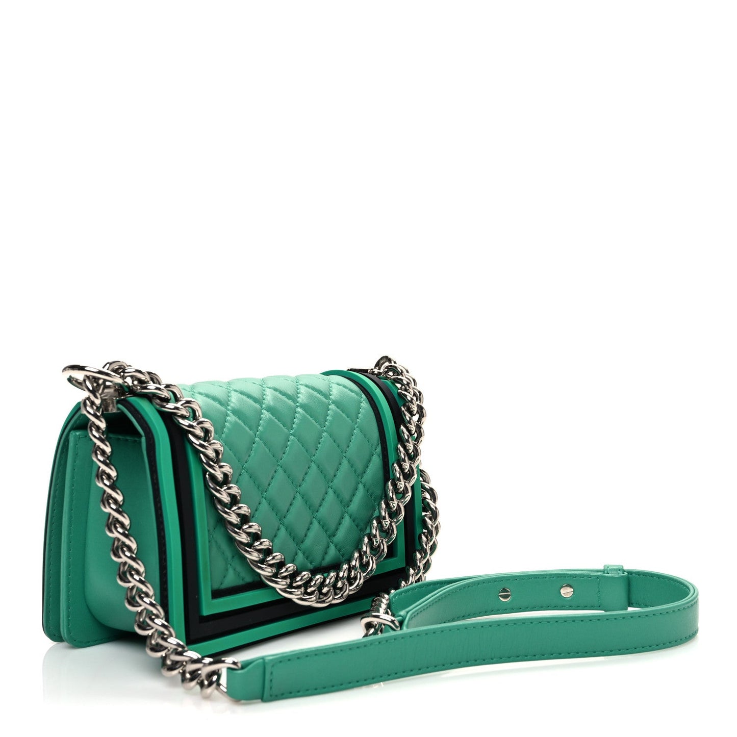 Chanel Lambskin Rubber Quilted Small Tone Boy Flap Green Black