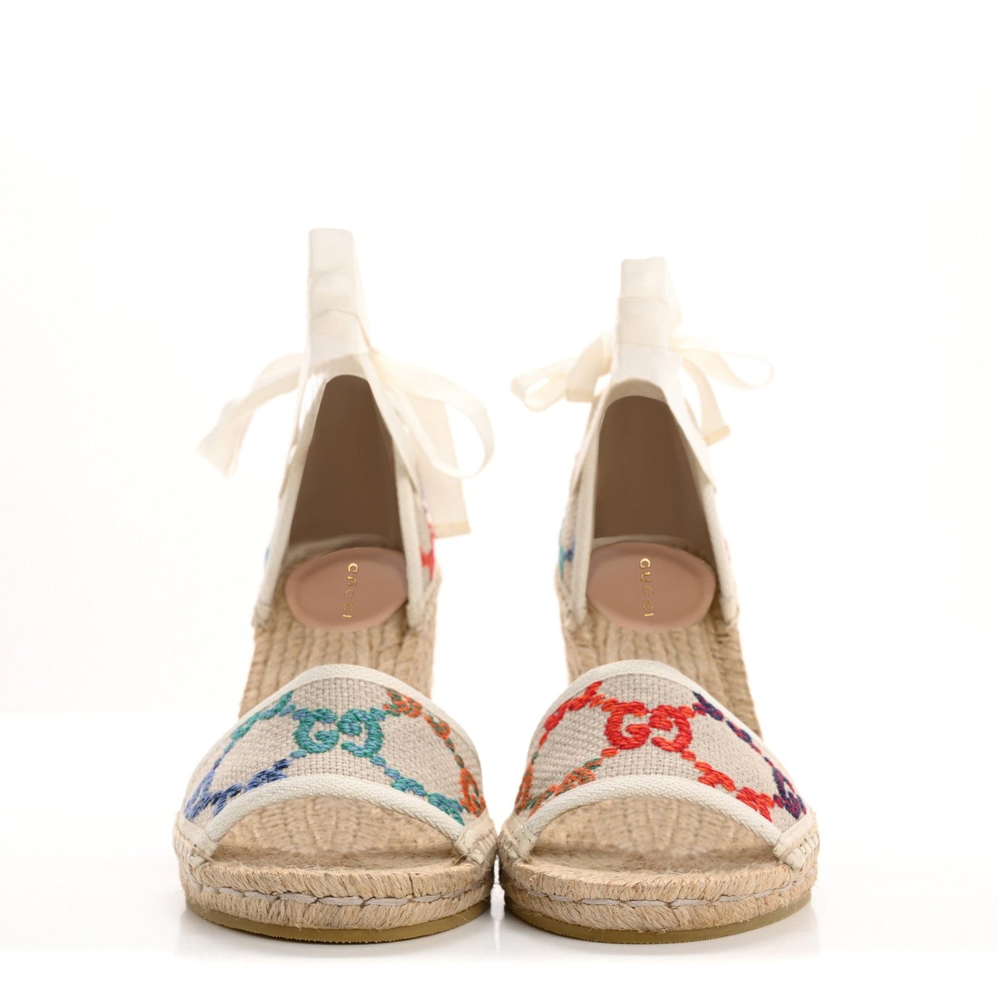 Gucci Linen Psychedelic Mini GG Monogram Ankle Wrap Platform Espadrille Wedge Sandals 39 Multicolor Mystic White