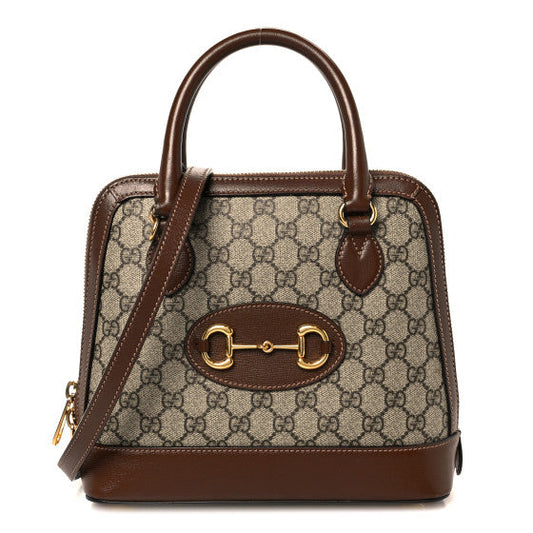 Gucci GG Supreme Monogram Azalea Calfskin Small Horsebit 1955 Top Handle Bag Beige Ebony Brown Sugar