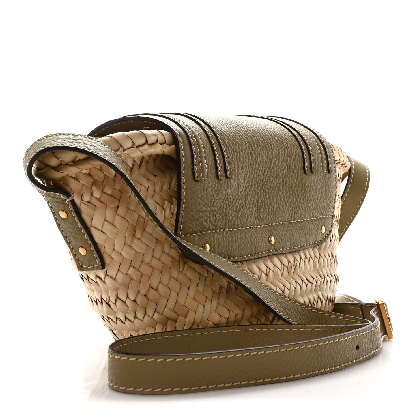 Chloe Raffia Small Grain Calfskin Small Marcie Basket Shoulder Bag Pottery Green