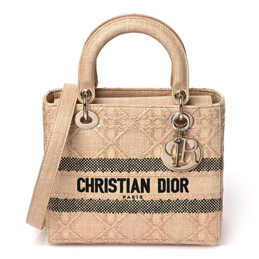 Christian Dior Raffia Woven Cannage Embroidered Medium Lady D-Lite Natural Black
