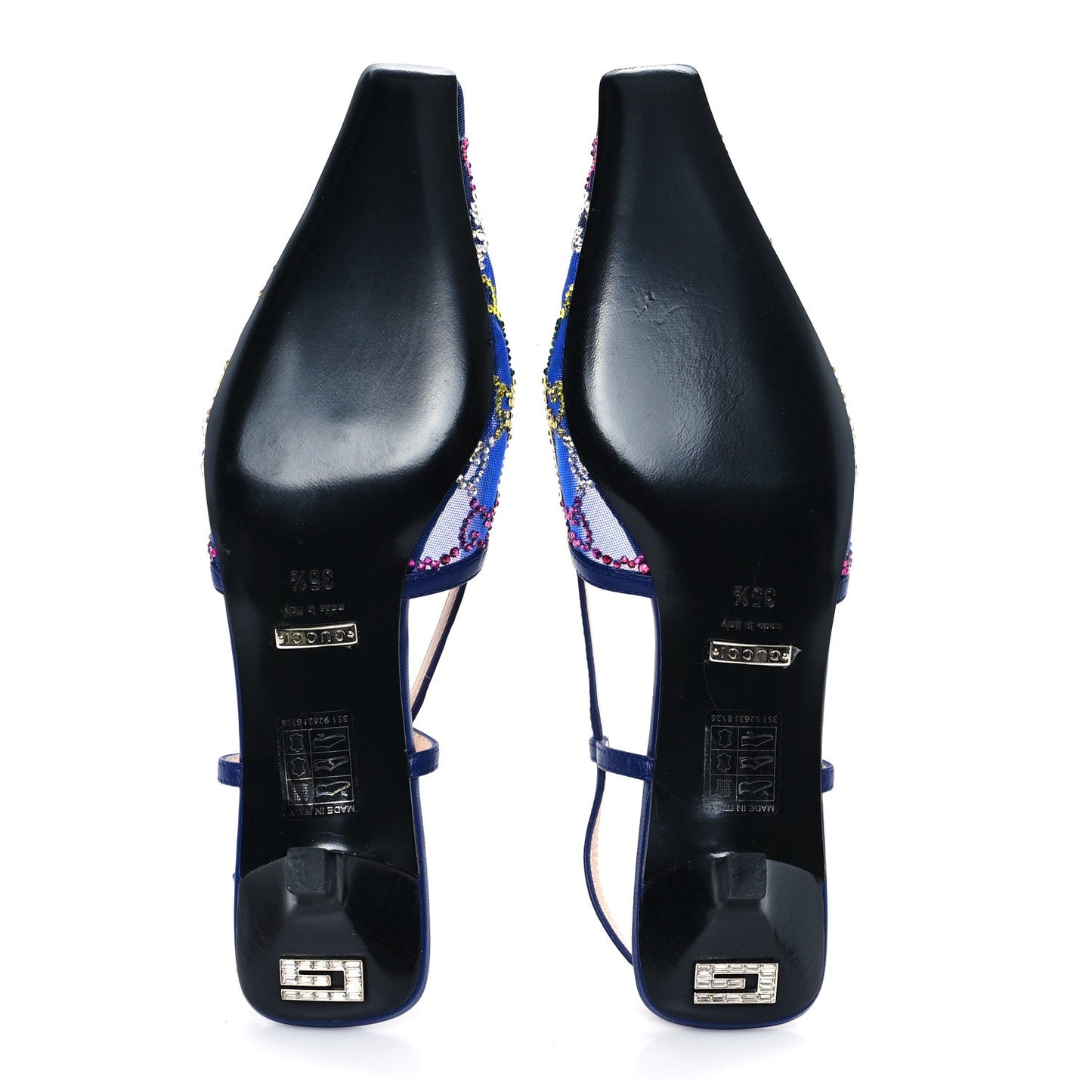 Gucci Tela Retino Nappa Charlotte Crystal GG Monogram Square G 35mm Slingback Pumps 35.5 Splash Net Blue Witch