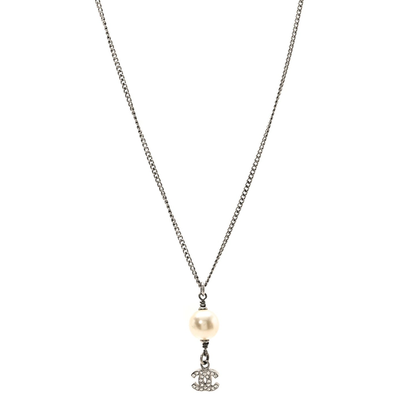 Chanel Pearl Crystal CC Pendant Necklace Silver