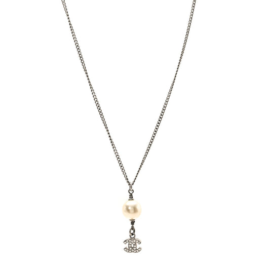 Chanel Pearl Crystal CC Pendant Necklace Silver