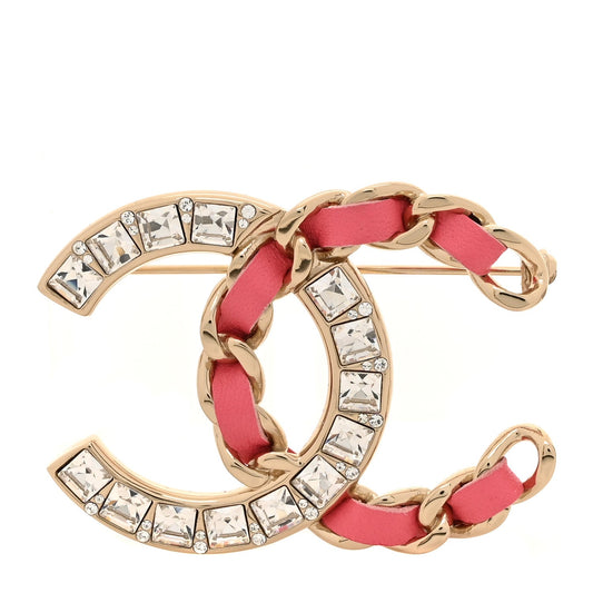 Chanel Lambskin Baguette Crystal CC Chain Brooch Pink Gold
