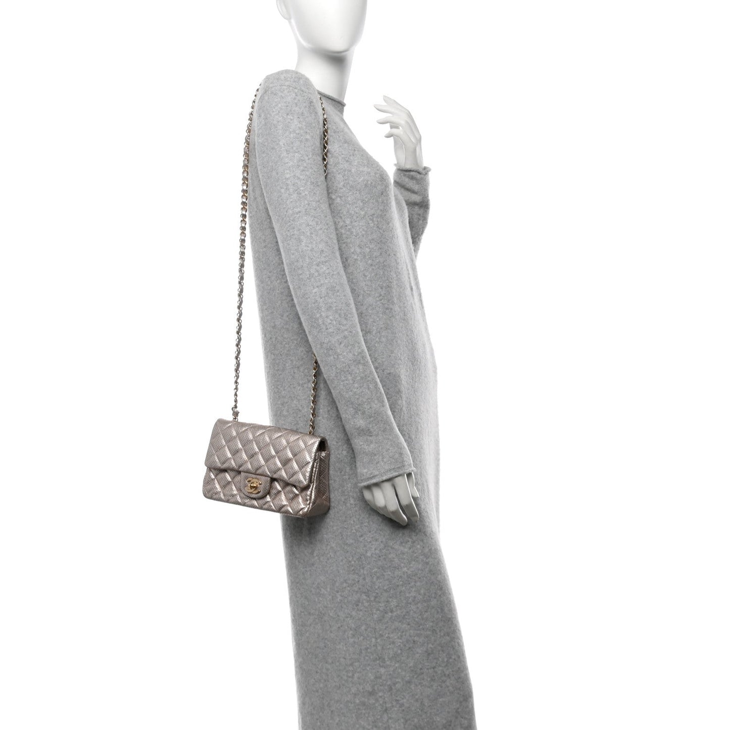 Chanel Metallic Lambskin Perforated Mini Rectangular Flap Light Gold