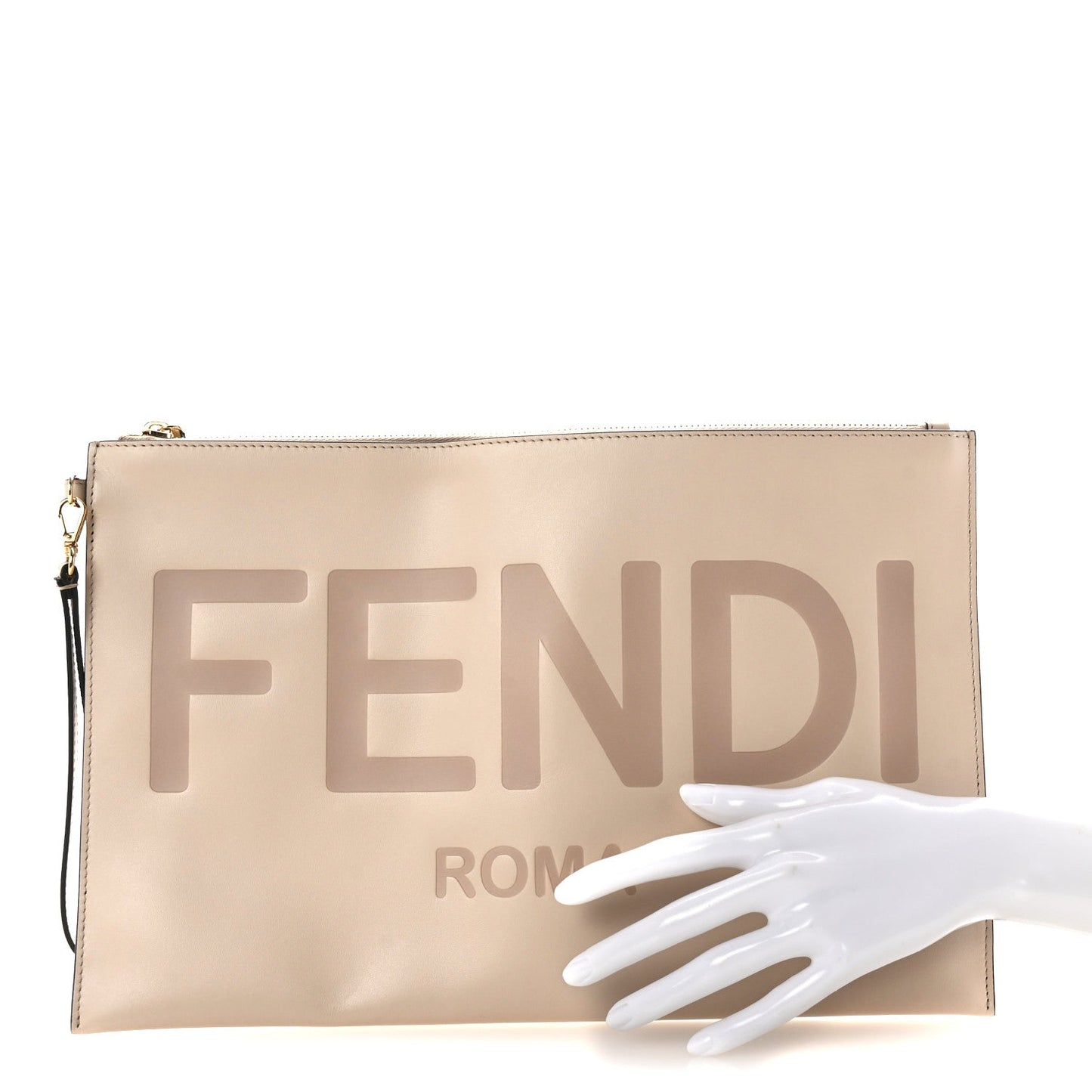 Fendi Vitello King Logo Embossed Large Flat Pouch Poudre