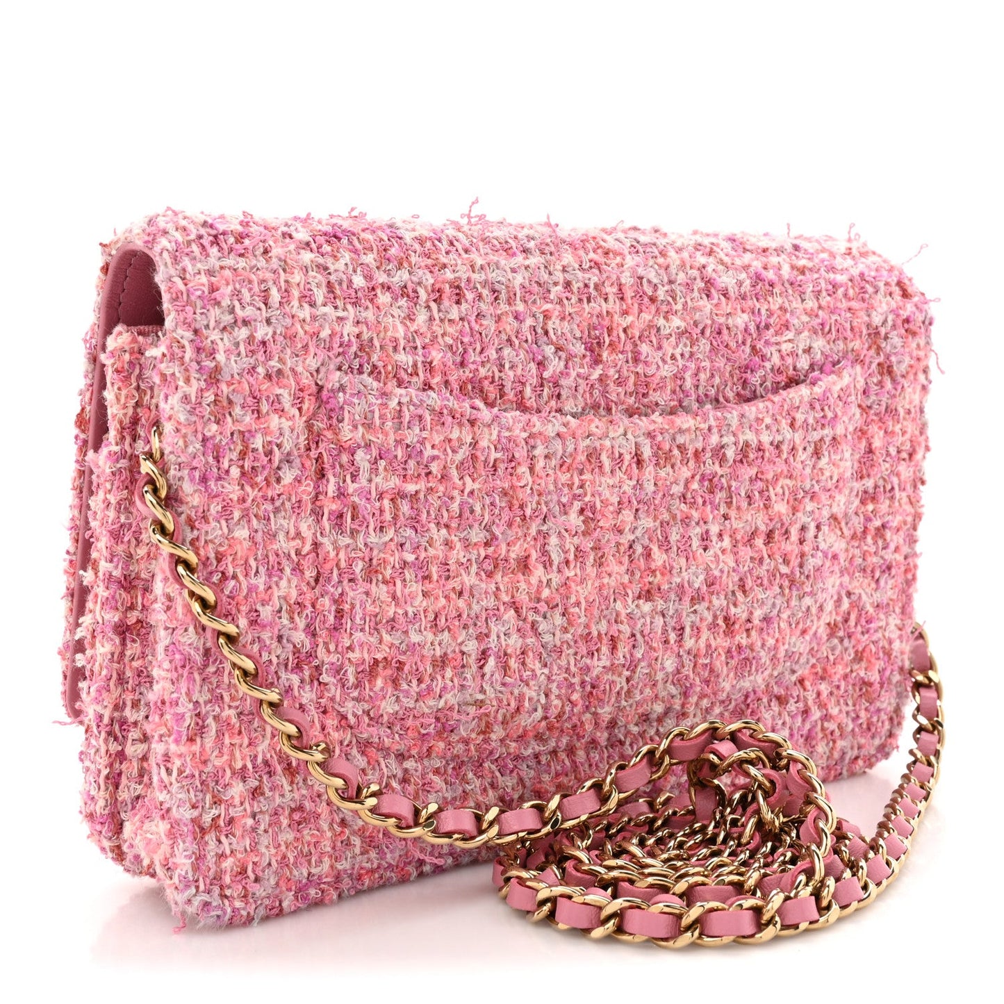 Chanel Tweed Quilted Wallet On Chain WOC Pink