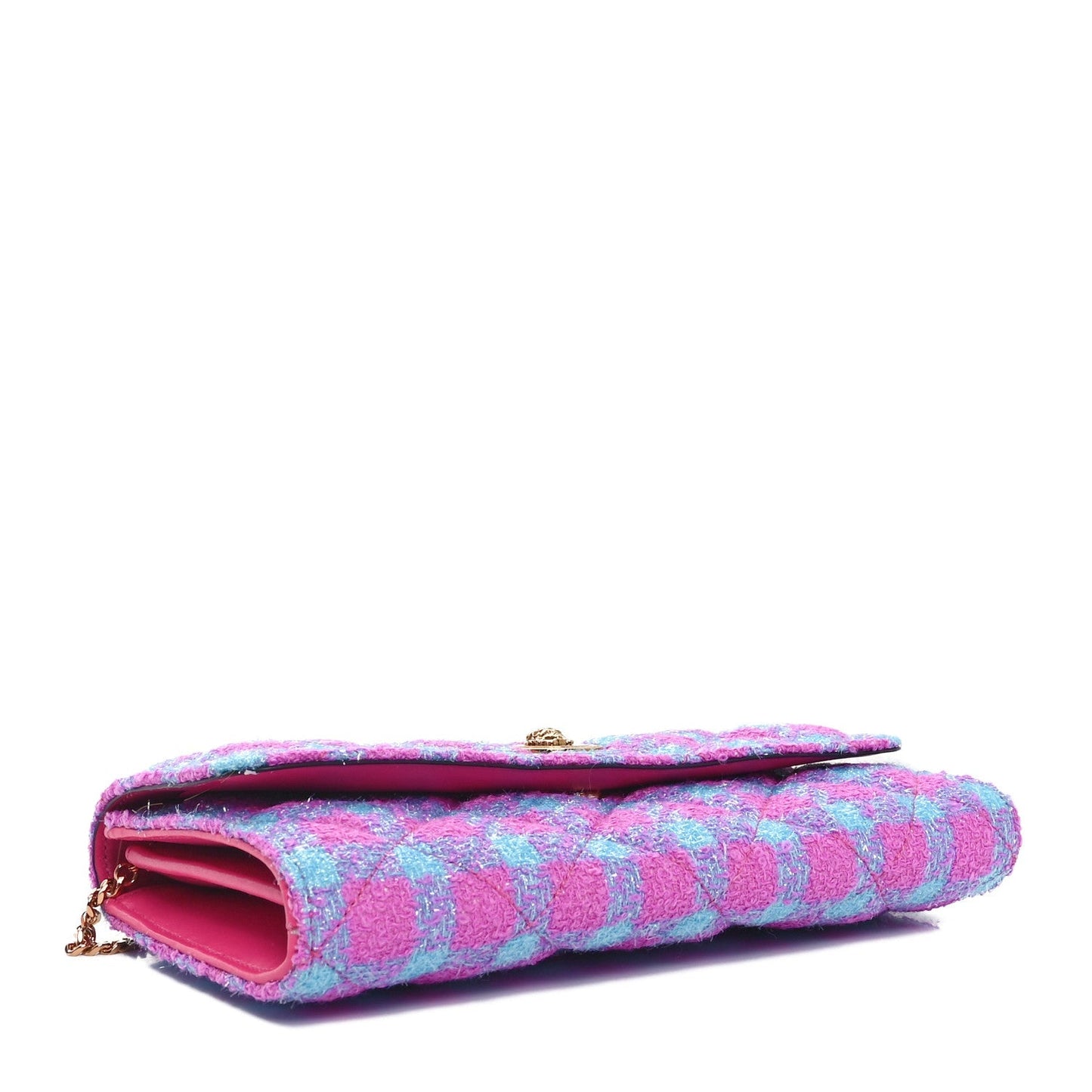 Versace Tweed Quilted Medusa Wallet on Chain Crossbody Pink Blue