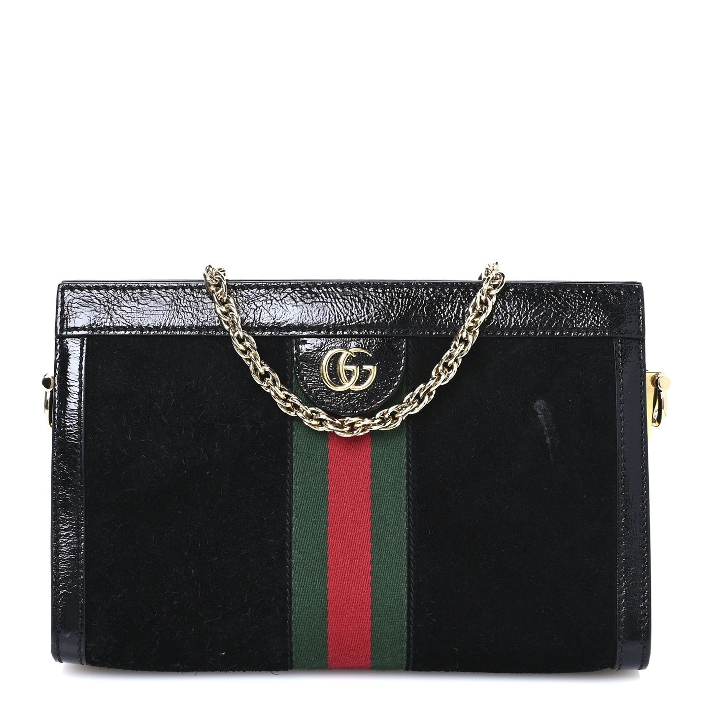 Gucci Suede Patent GG Web Small Ophidia Chain Shoulder Bag Black