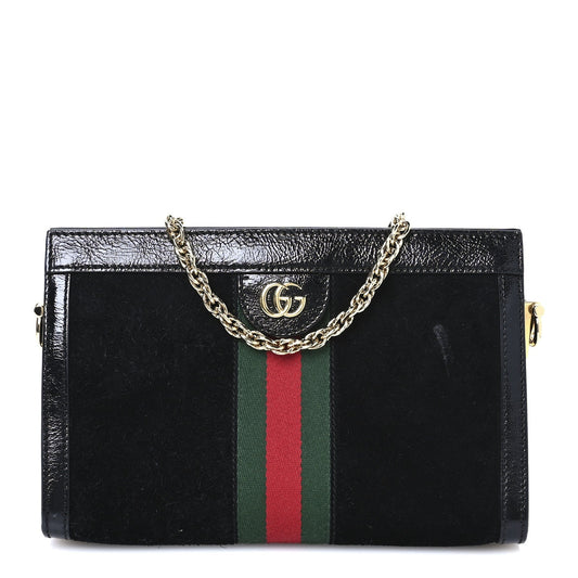 Gucci Suede Patent GG Web Small Ophidia Chain Shoulder Bag Black