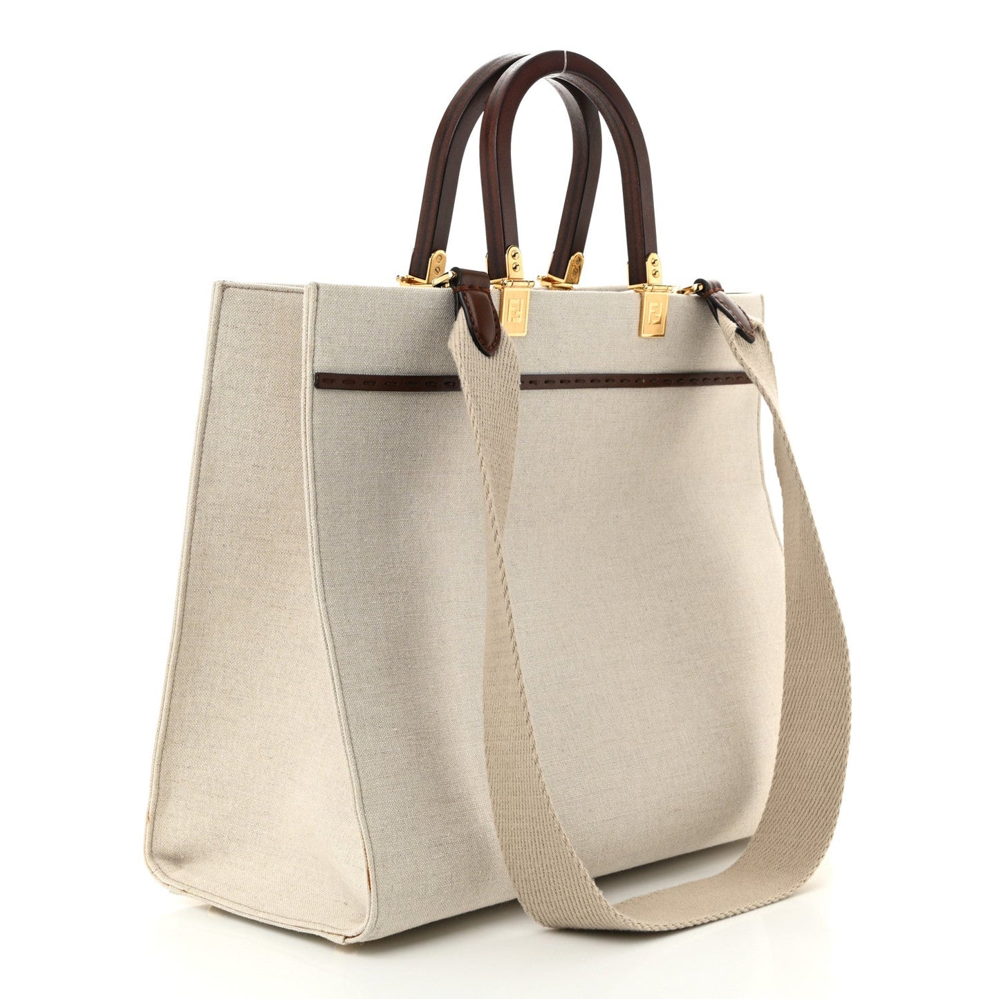 Fendi Canvas Vitello King Logo Embroidered Medium Sunshine Shopper Tote Grezzo Ghianda