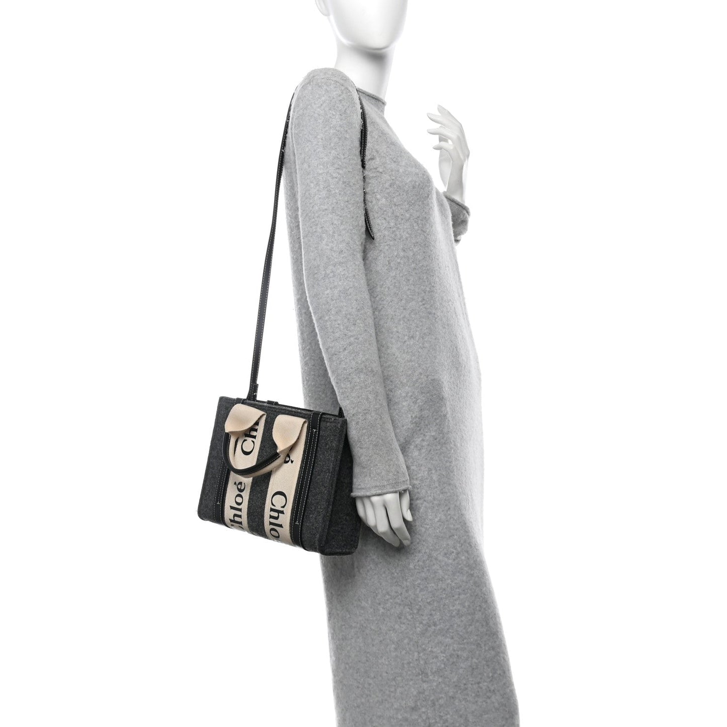 Chloe Felt Calfskin Small Woody Ribbon Tote With Strap Cashmere Grey