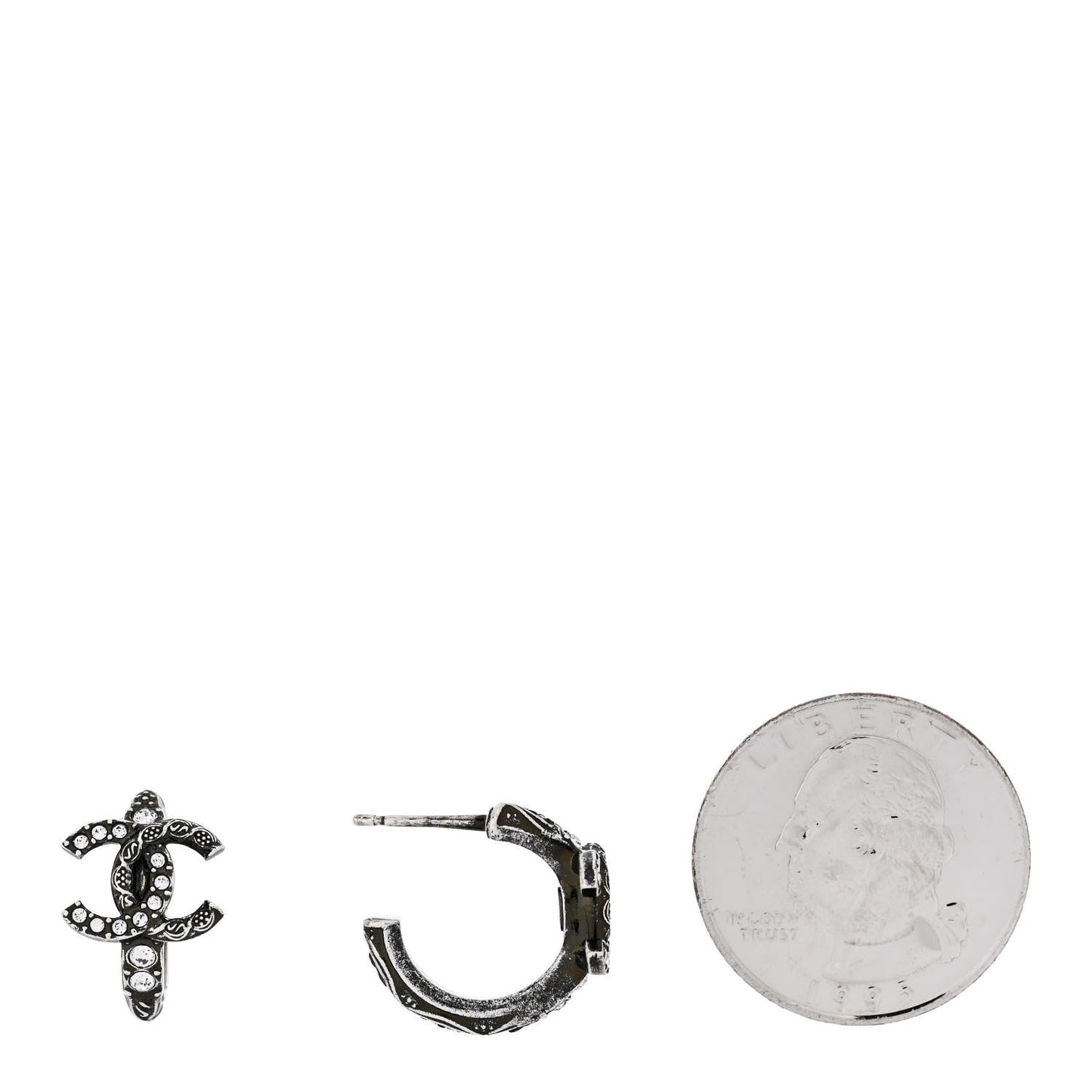 Chanel Metal Crystal CC Hoop Earrings Silver