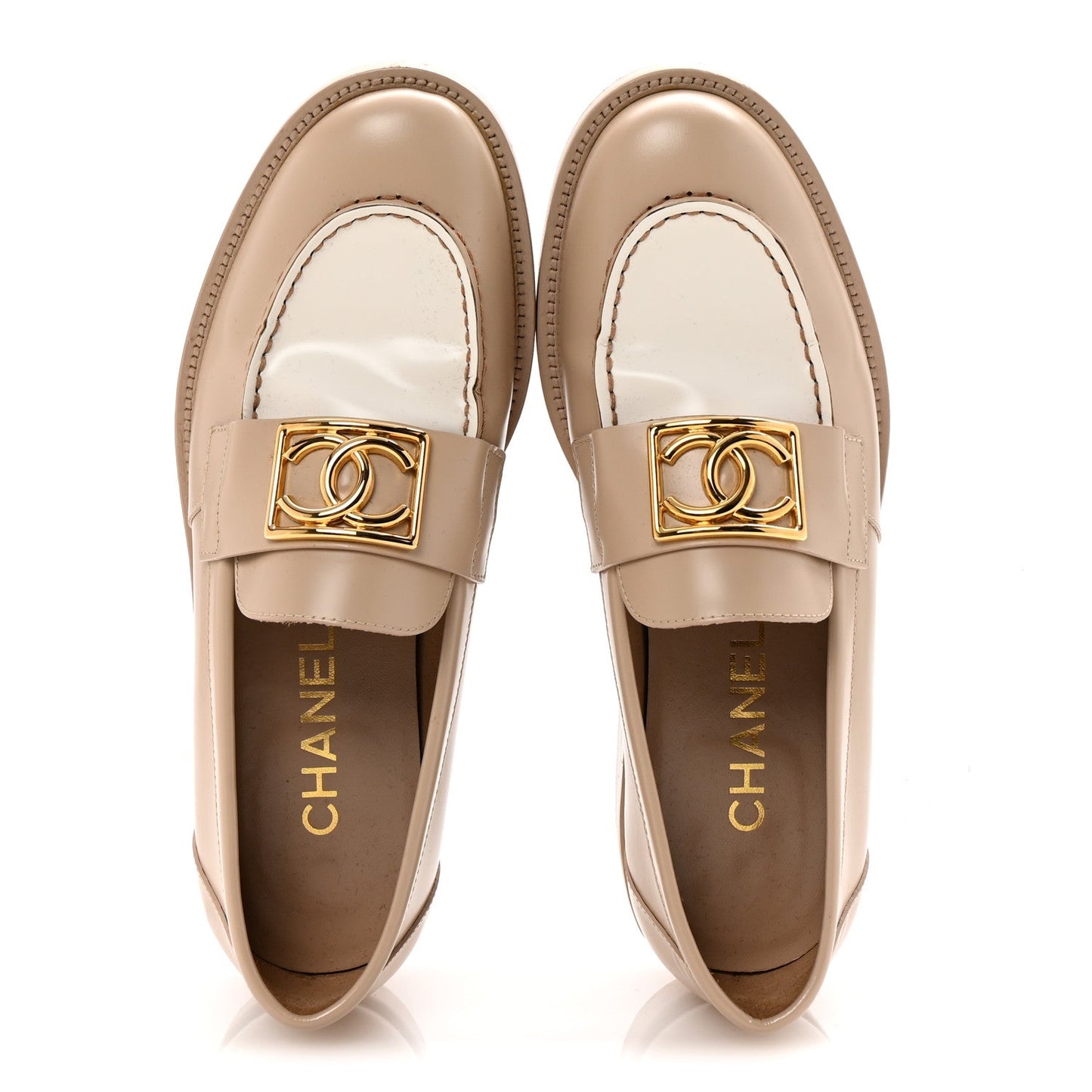 Chanel Shiny Calfskin CC Loafers 38 Beige White