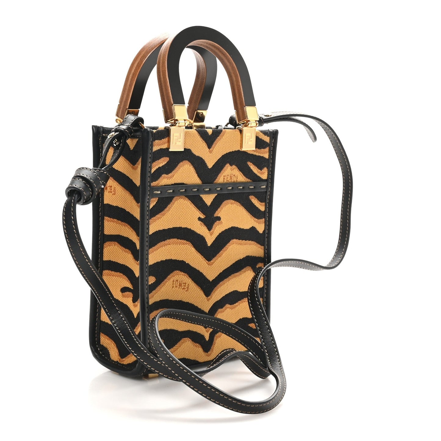 Fendi Canvas Vitello King Chinese New Year Tiger Embroidered Sunshine Shopper Tote Black Dark Yellow