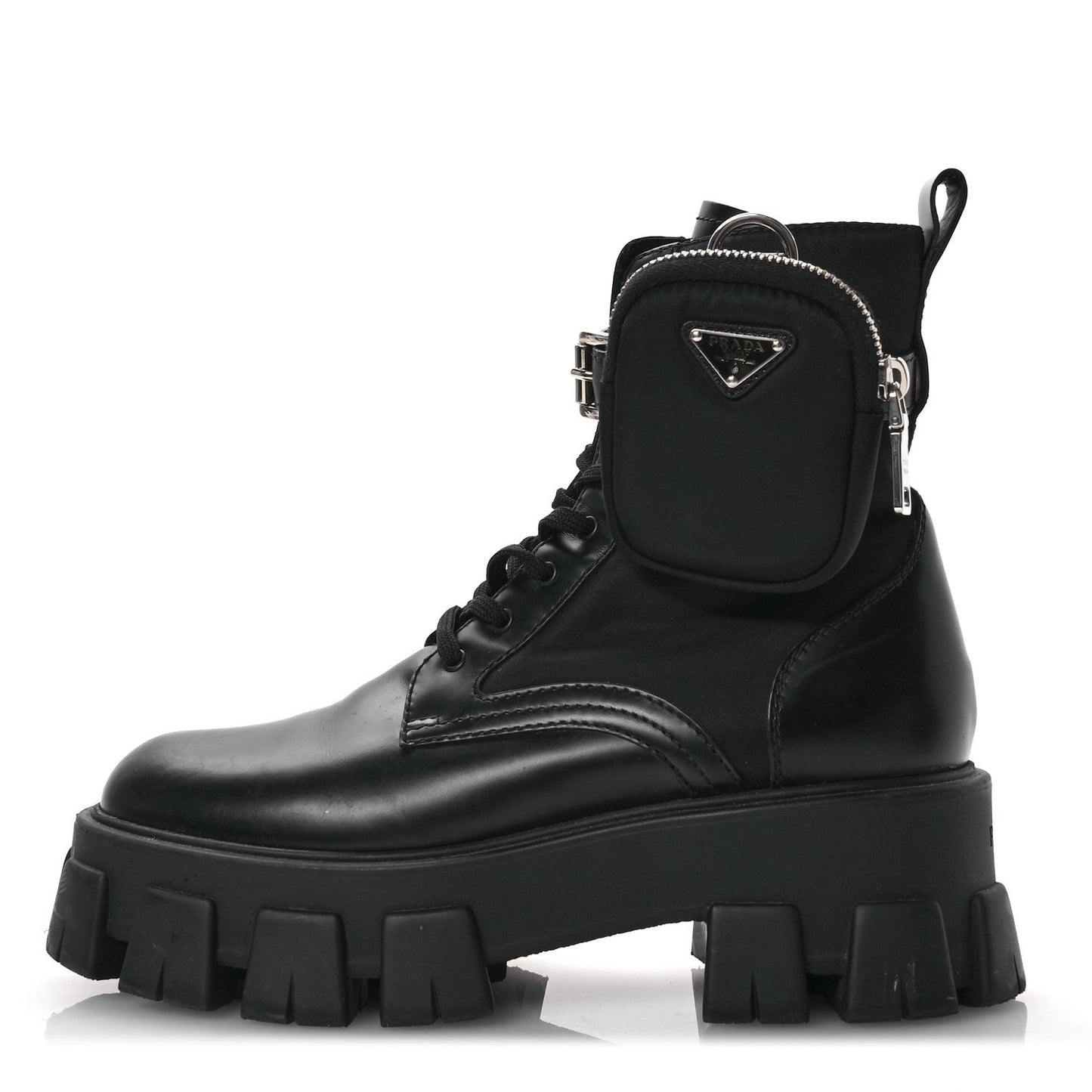 Prada Spazzolato Rois Nylon Metal Triangle Logo Monolith Pouch Pocket 55mm Boots 38.5 Black