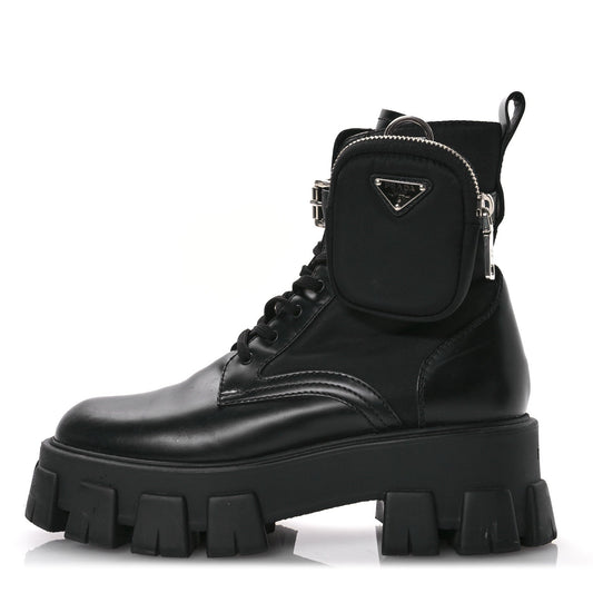 Prada Spazzolato Rois Nylon Metal Triangle Logo Monolith Pouch Pocket 55mm Boots 38.5 Black