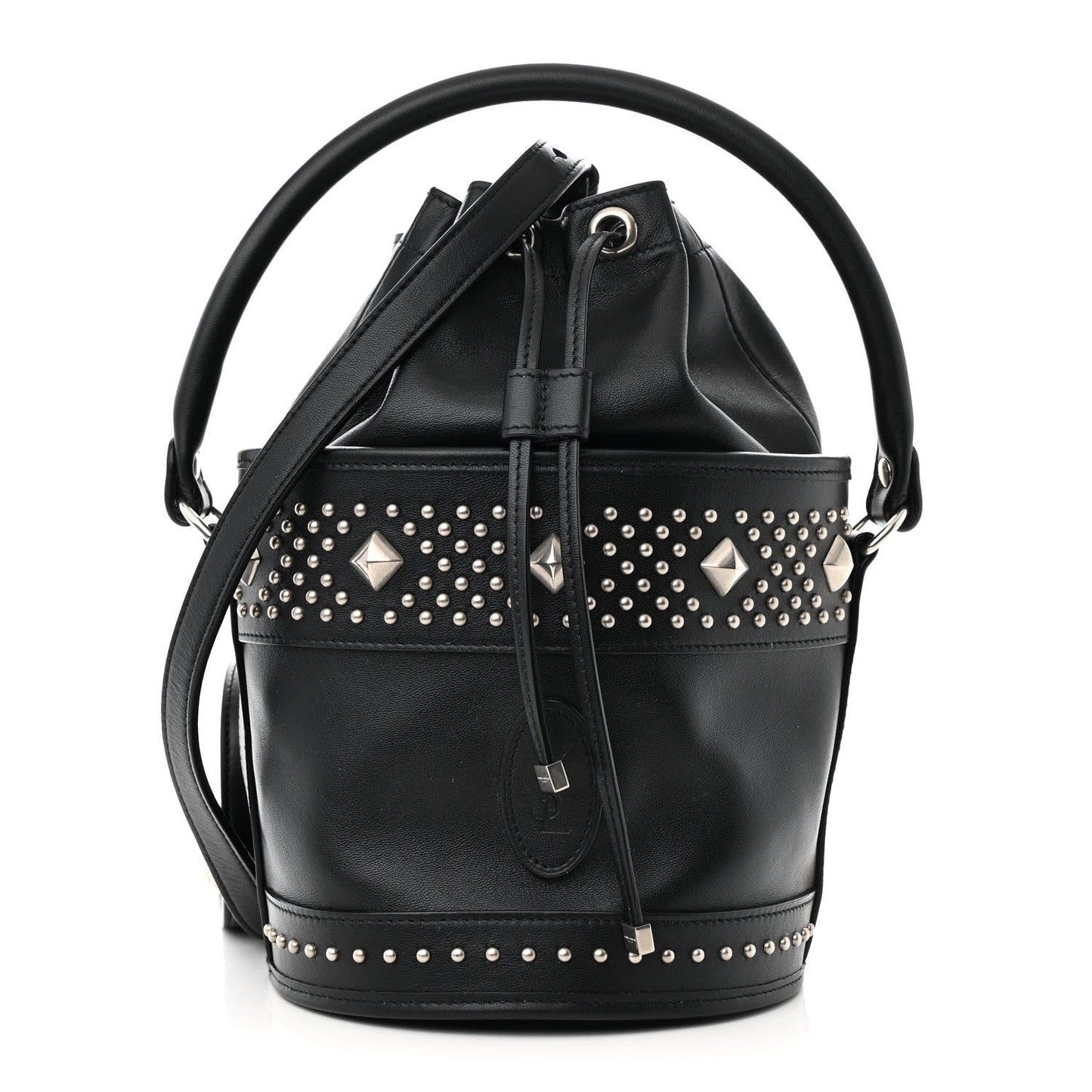 Saint Laurent Smooth Calfskin Studded Small Bahia Drawstring Bucket Bag Black