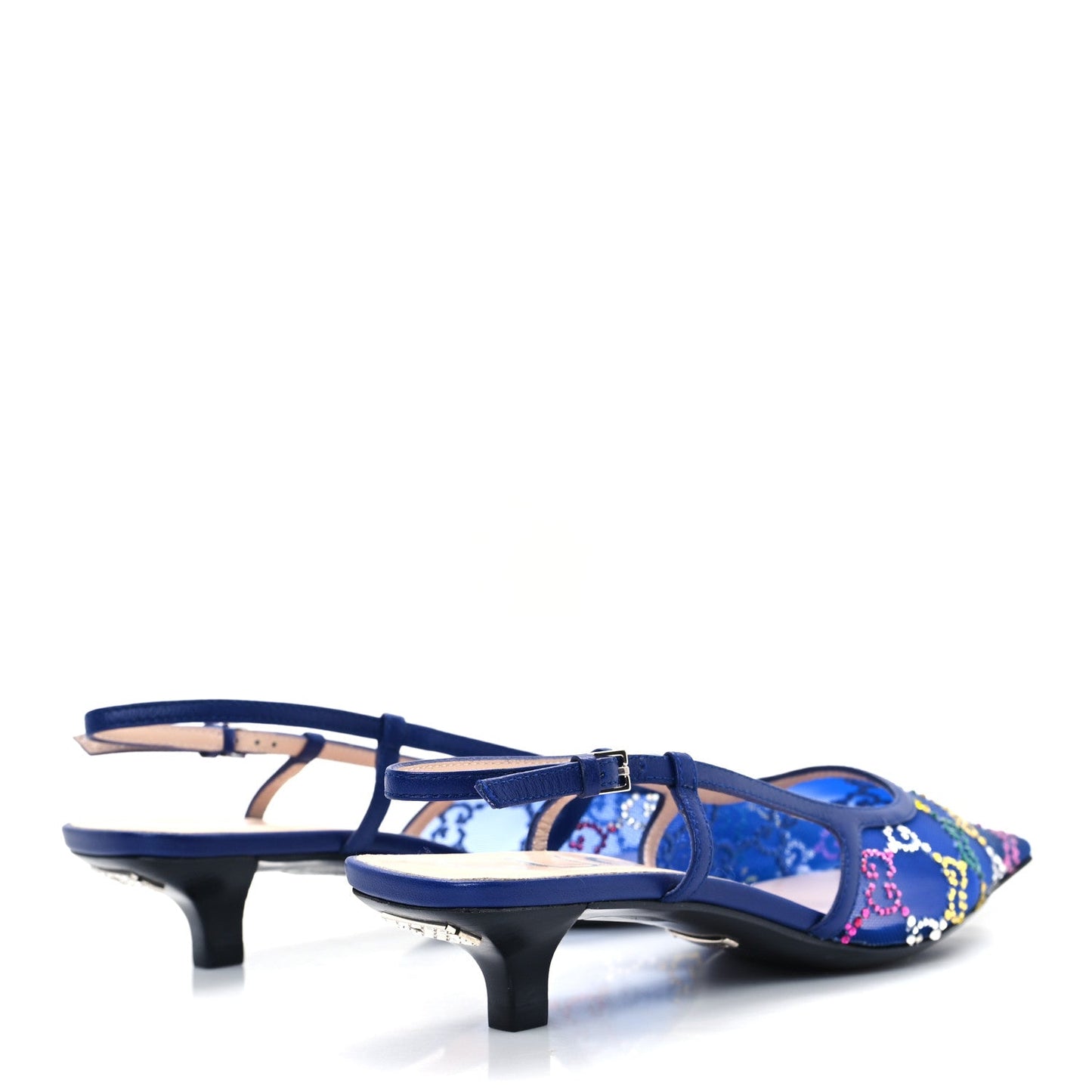 Gucci Tela Retino Nappa Charlotte Crystal GG Monogram Square G 35mm Slingback Pumps 35.5 Splash Net Blue Witch