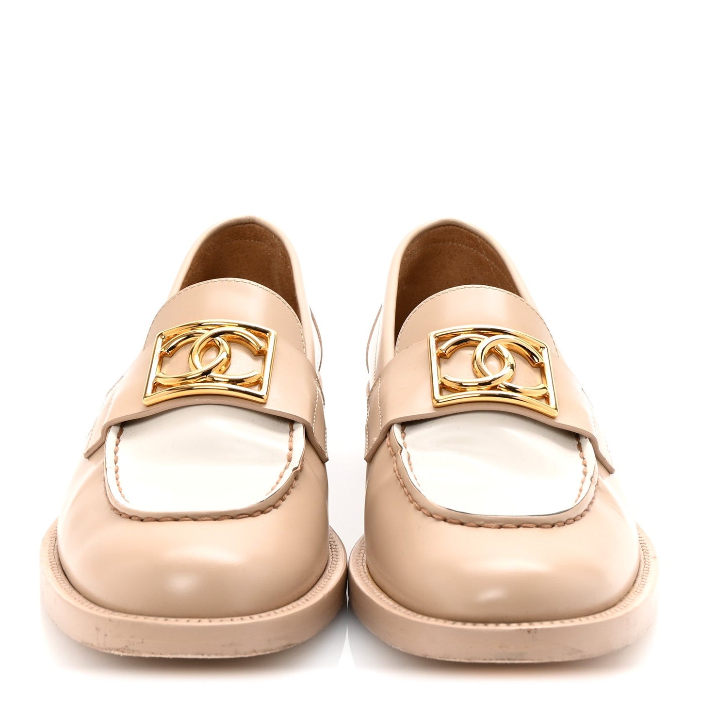 Chanel Shiny Calfskin CC Loafers 38 Beige White