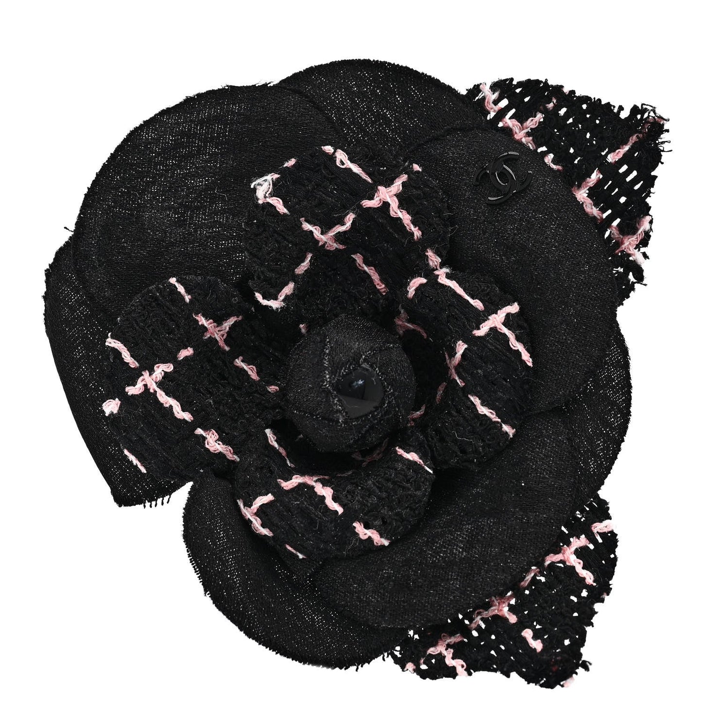 Chanel Tweed Camellia Pin Brooch Black Pink