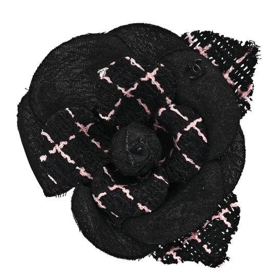 Chanel Tweed Camellia Pin Brooch Black Pink