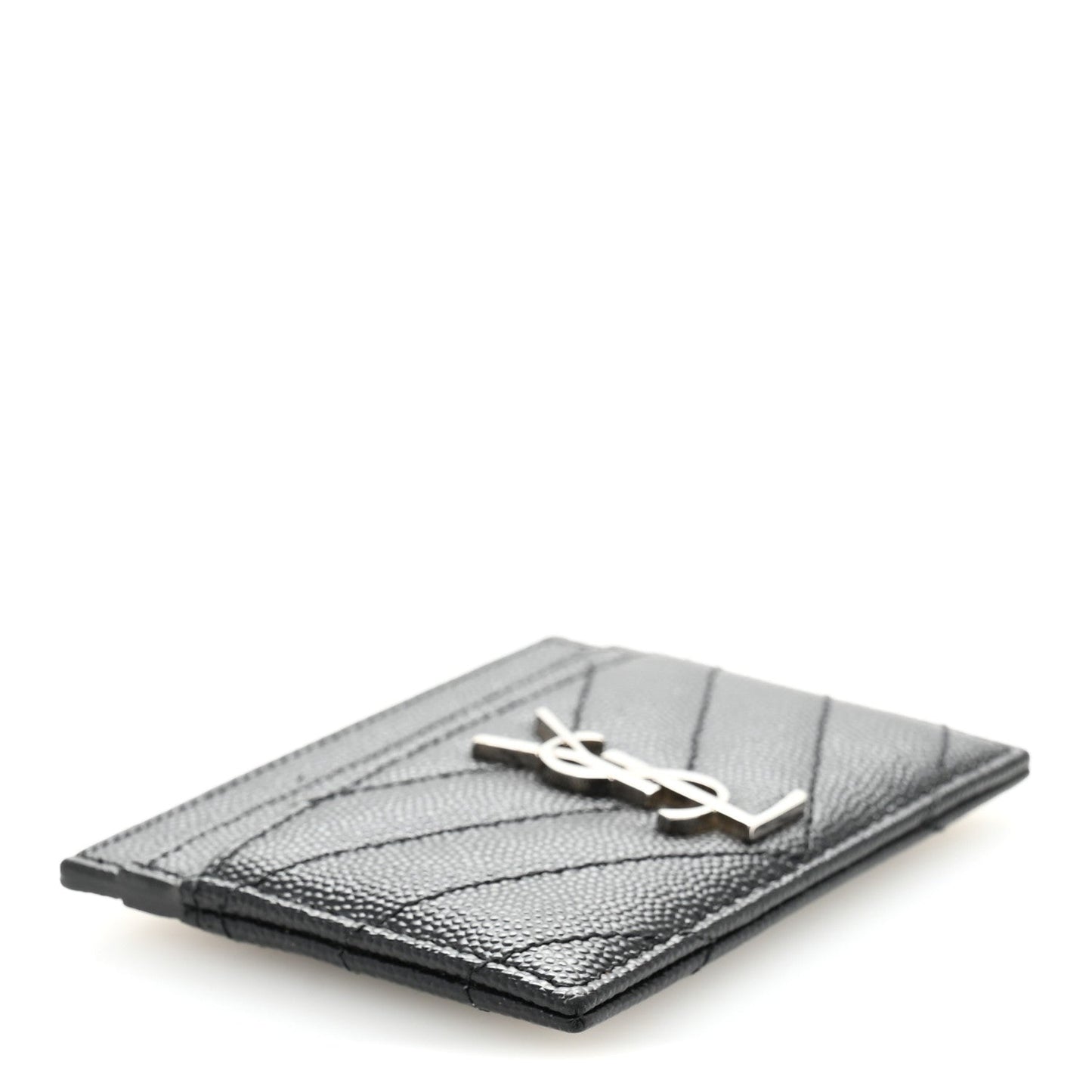 Saint Laurent Grain De Poudre Matelasse Chevron Monogram Credit Card Case Black