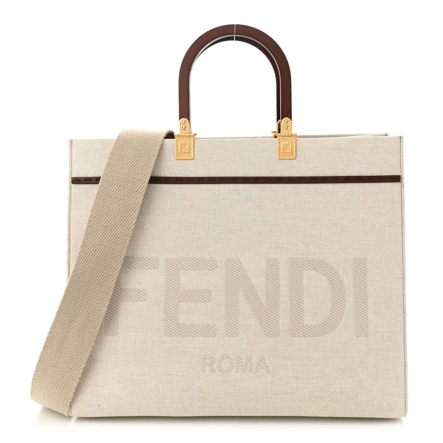 Fendi Canvas Vitello King Logo Embroidered Medium Sunshine Shopper Tote Grezzo Ghianda