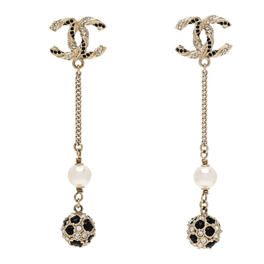 Chanel Crystal Pearl CC Ball Chain Drop Earrings Gold Black