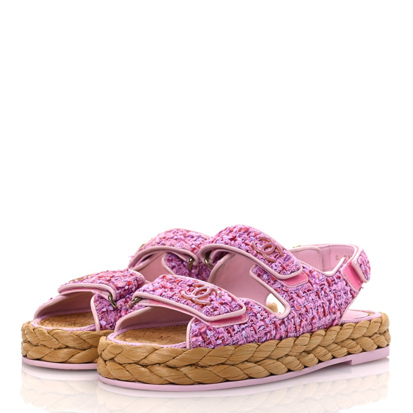 Chanel Tweed Patent Calfskin Velcro Dad Sandals 36 Light Purple Pink Red