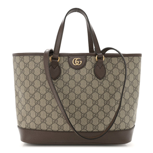 Gucci GG Supreme Monogram Textured Calfskin Medium Ophidia Shoulder Tote Bag Beige Ebony New Acero