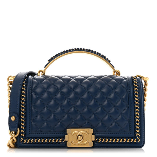Chanel Lambskin Quilted Medium Top Handle Boy Flap Dark Blue