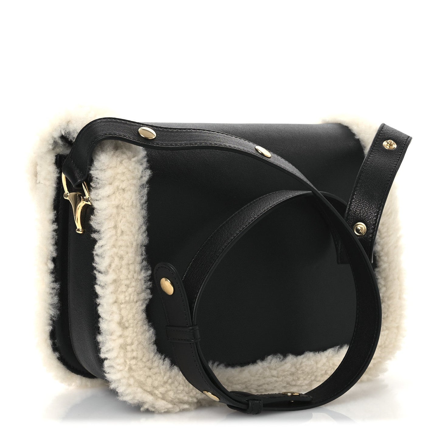 Gucci Sakai Be Green Calfskin Shearling Horsebit 1955 Shoulder Bag Black