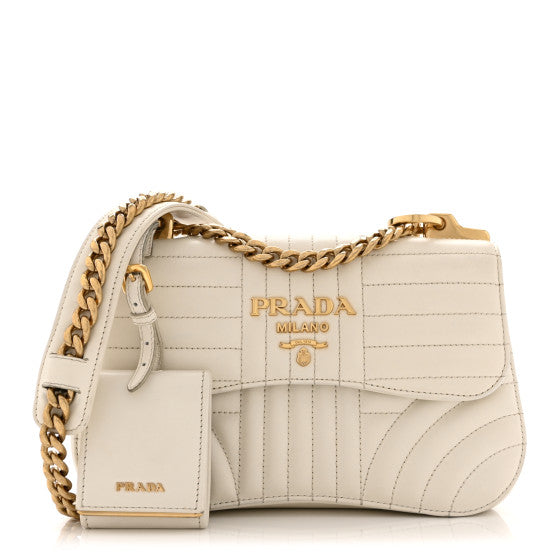 Prada Soft Calfskin Impunture Diagramme Small Sidonie Chain Crossbody Bag White