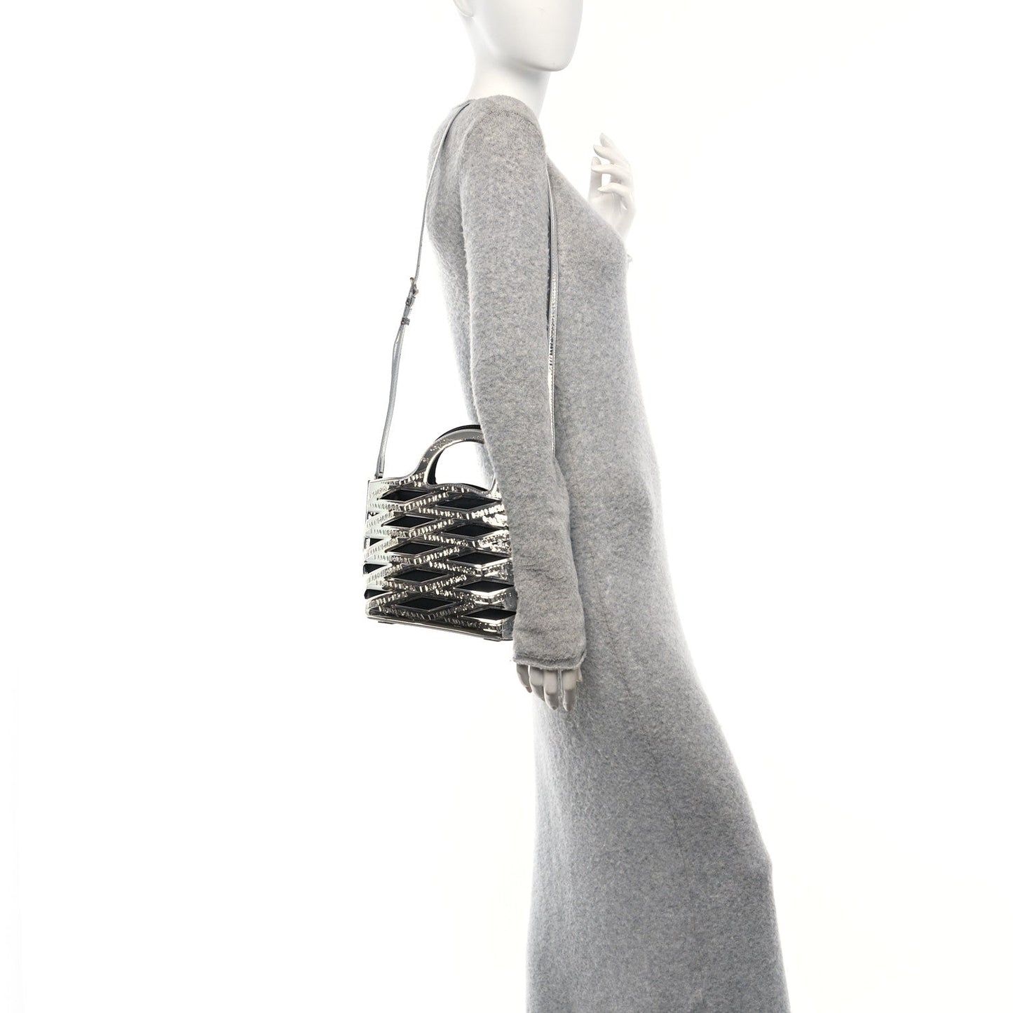 Balenciaga Patent Metallic Calfskin Small Neo Basket Tote Silver