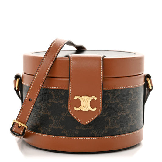 Celine Calfskin Triomphe Canvas Medium Tambour Bag Tan