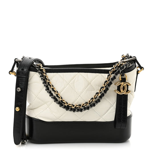 Chanel Aged Calfskin Quilted Small Gabrielle Hobo Black White