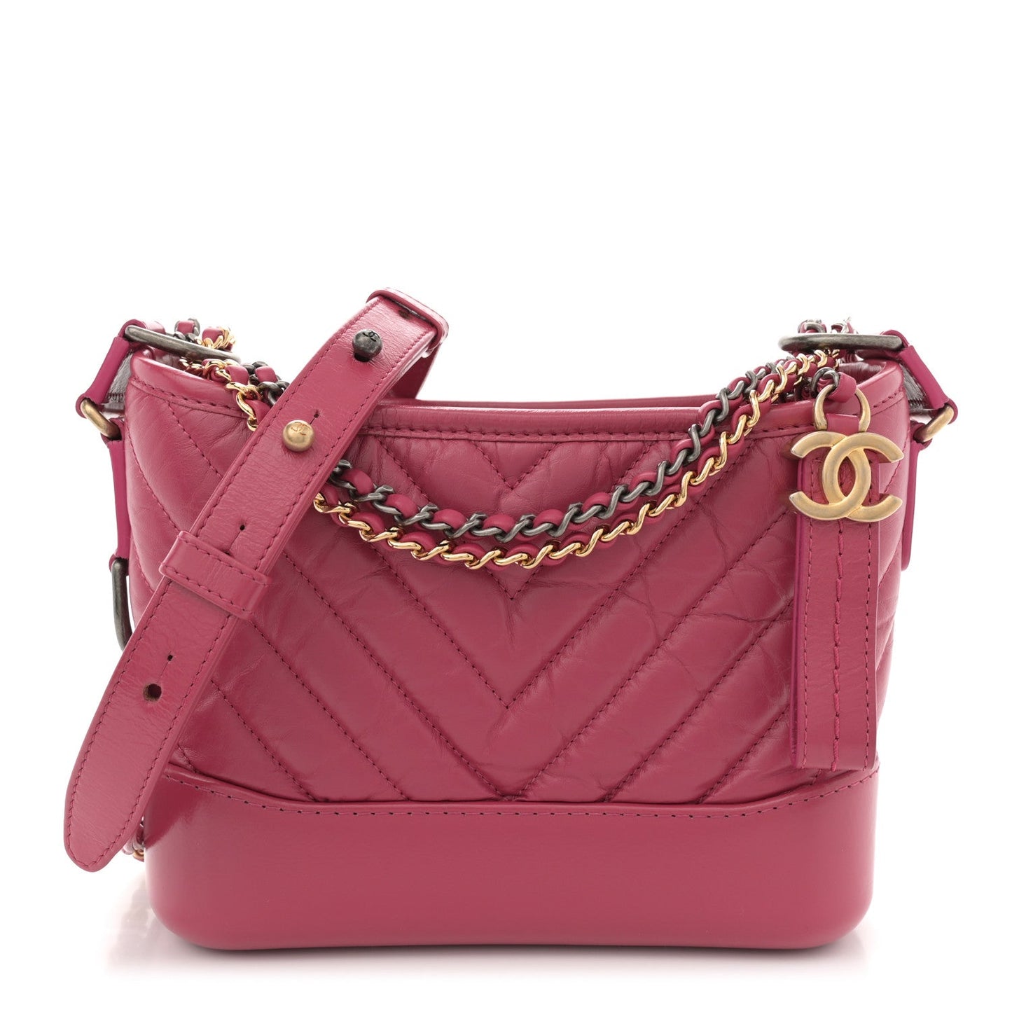 Chanel Aged Calfskin Chevron Quilted Small Gabrielle Hobo Dark Pink