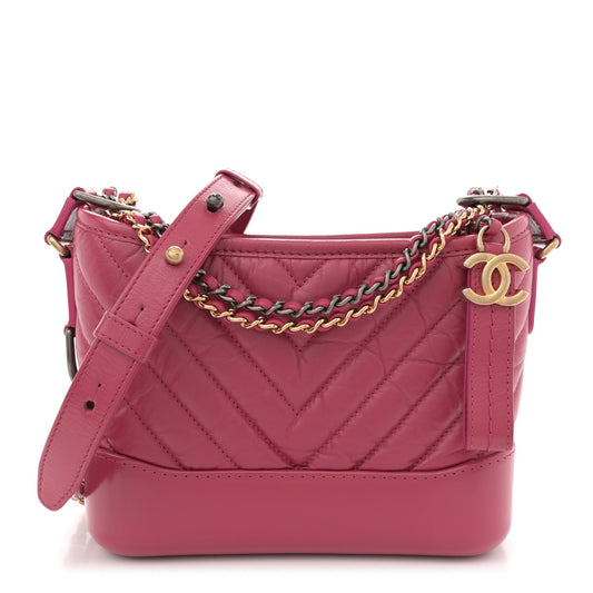 Chanel Aged Calfskin Chevron Quilted Small Gabrielle Hobo Dark Pink